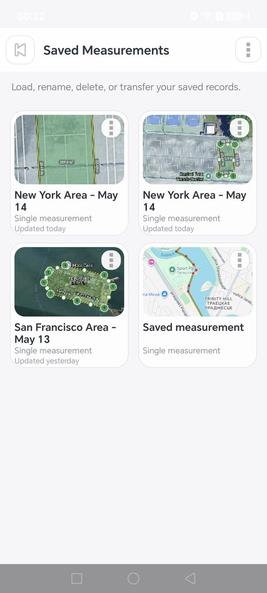 Saved measurements screen